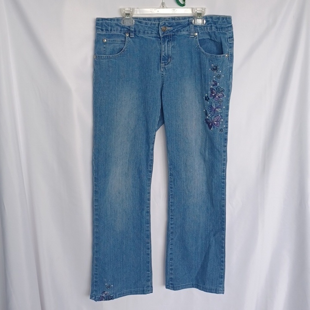 Total Girl Embrodiered Jeans, Butterflues & Hearts, Adjustable Waist, Sz 16.5